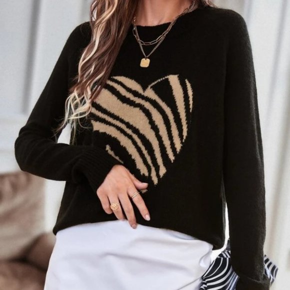 Zebra Heart Print Raglan Sleeve Knit Sweater Top - Picture 6 of 7